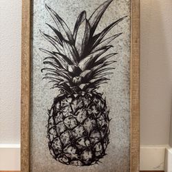 Pineapple Print on Tin Metal in Wood Frame 12”x24”