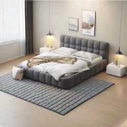 Queen Size Upholstered Platform Bed with Thick Fabric, Grounded Bed with Solid Frame, Queen Floor Bed Frame, Gray