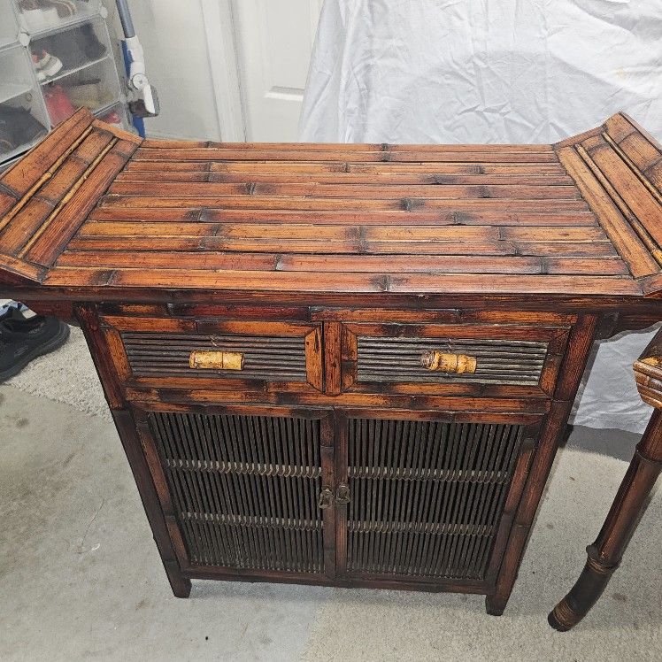 Vintage Bamboo Cabinet & Table Set