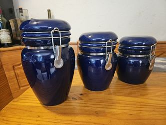 Set of 3 Vintage Colbalt Blue Ceramic Ginger Jar Canisters