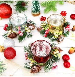 Set of 3 Candle Holder with Mini Wreath Christmas Centerpiece, Holiday Tabletop Decor