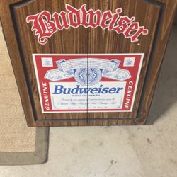 Vintage Budweiser Dartboard Cabinet – Harvard Wood Case with Scoreboard 
