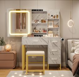 57" Large Vanity Desk with Mirror & Lights, Makeup Vanity Table with Charging Station, 3 Lighting Modes, Elegant Vanity Set with 4 Drawers and Shelves