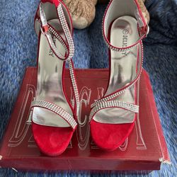 Red Heels with Rhinestone Toe and Ankle Strap