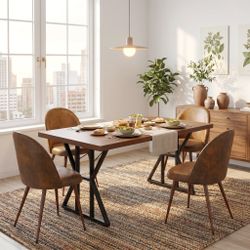 Homy Casa Leonard + Haven 5PC Dining Set 63” Table with 4 Suede Brown Upholstered Chairs Walnut Finish