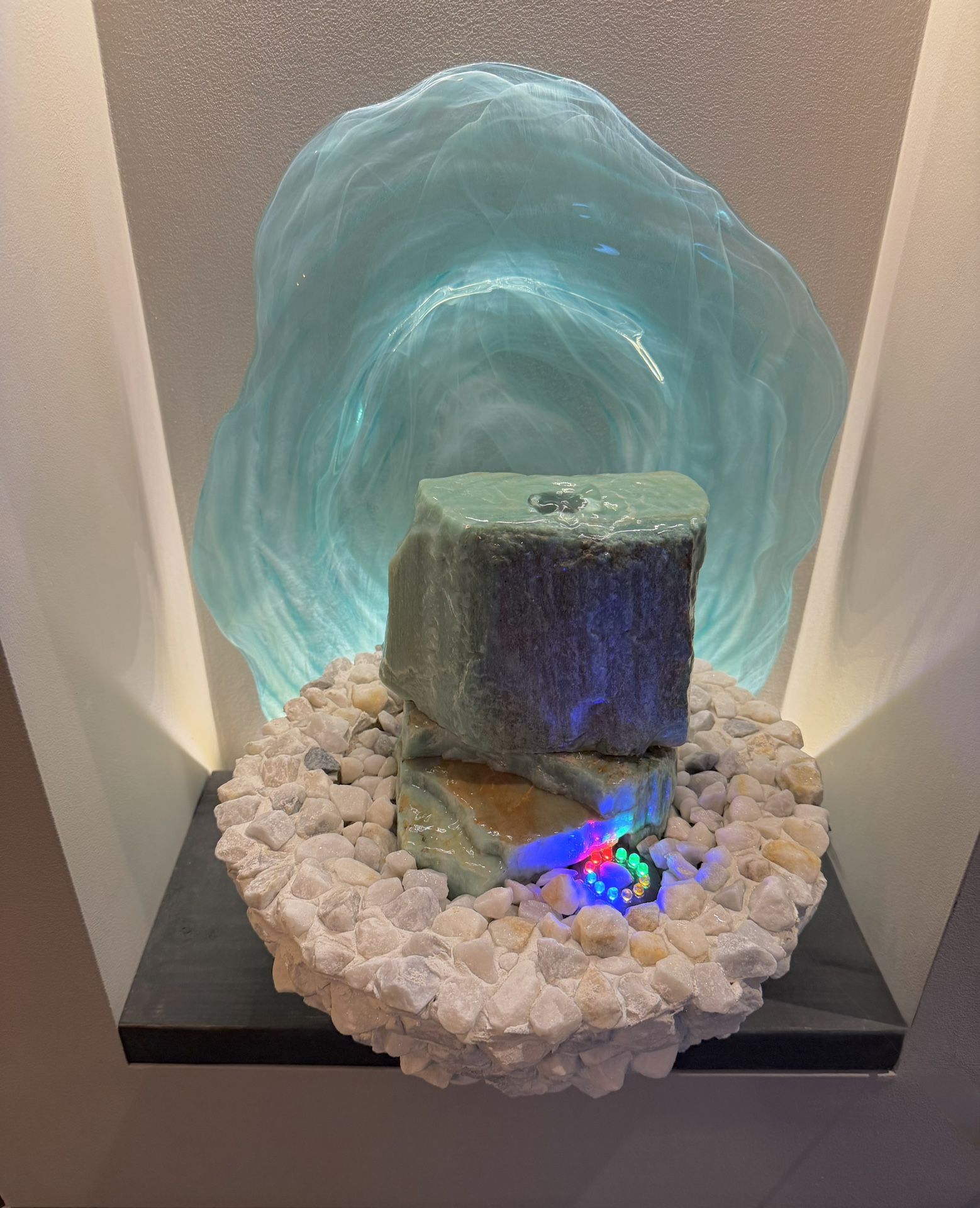 Hand-Carved Turquoise Quartzite Fountain with LED Glow & Handcrafted Marble Reservoir