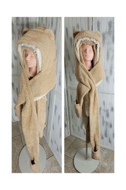 Winter Bear 3 in 1 Ear Sherpa Hood Hat, Scarf and mittens