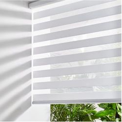 Cordless Zebra Blinds for Windows (47" W X 64" H, White) Free-Stop Dual Layer Roller Windows Shades for Day and Night