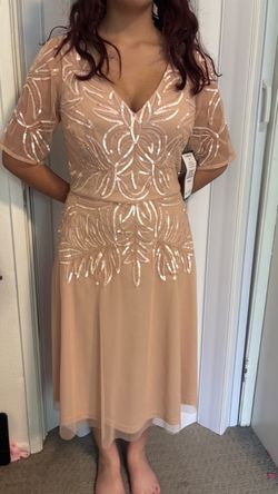 Nude Sequin Midi Dress with Flutter Sleeves