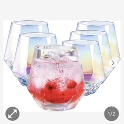 Brand New GoldArea Wine Glasses Set Of 6 (10oz), Stemless Wine Glass For Red And White Wine, Diamond Shaped Iridescent Glassware 