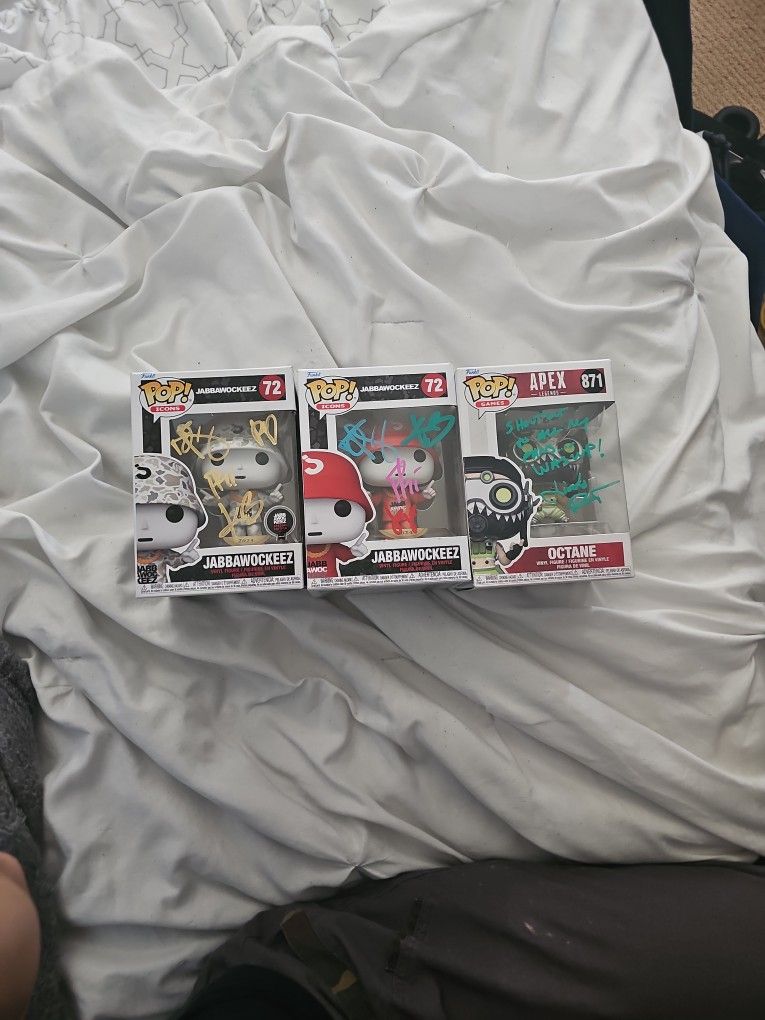 Octane Funko Pop From Apex Legends Autographed/Two Jabberwocky's Funko Pops Also Autographed.