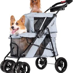 4 Wheel Double Pet Stroller for Dogs and Cats, Great for Twin or Multiple pet Travel (Silver Grey)
