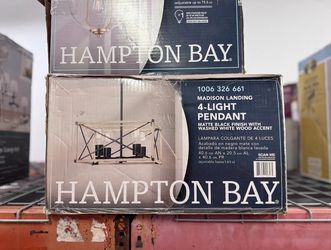 Hampton Bay Madison Landing 4-Light Pendant Matte Black Washed White Wood