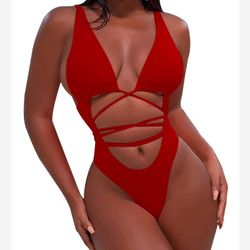 Sexy Red Strappy One-Piece Swimsuit - Size Small Beach Summer Ready