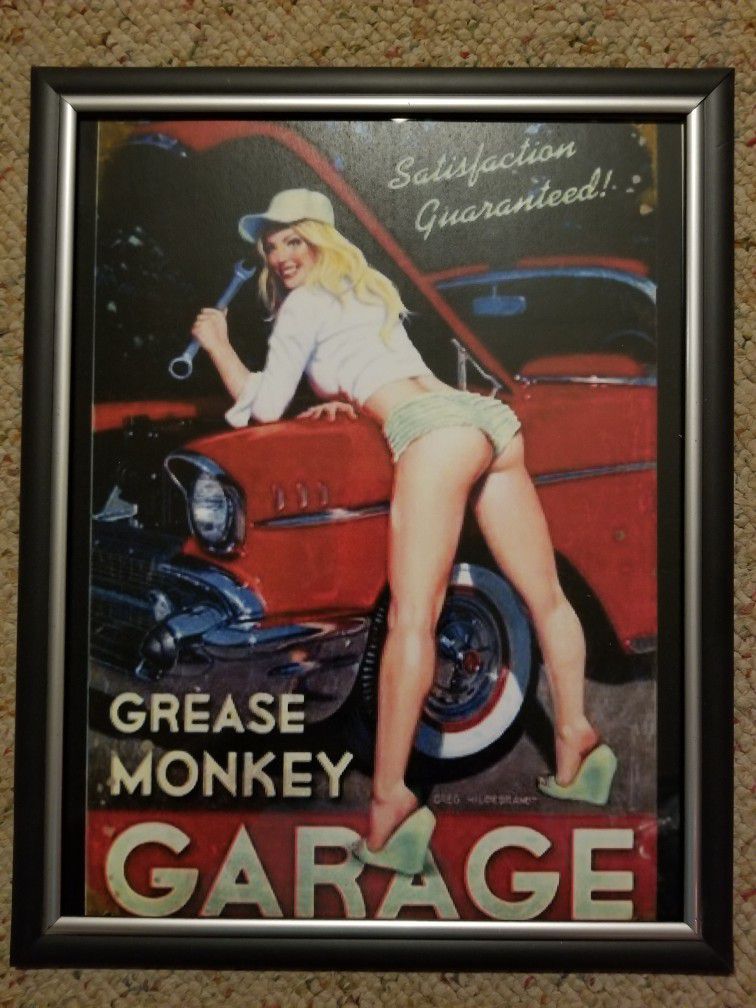 Grease Monkey Garage Sign. Sealed In 12X10 frame. Lightweight Hangs Up Anywhere 