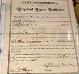 This is an antique Lot Endowment and Perpetual Repair Certificate issued by the Marion Cemetery https://offerup.com/redirect/?o=QXNzb2NpYXRpb24uSXQ= f