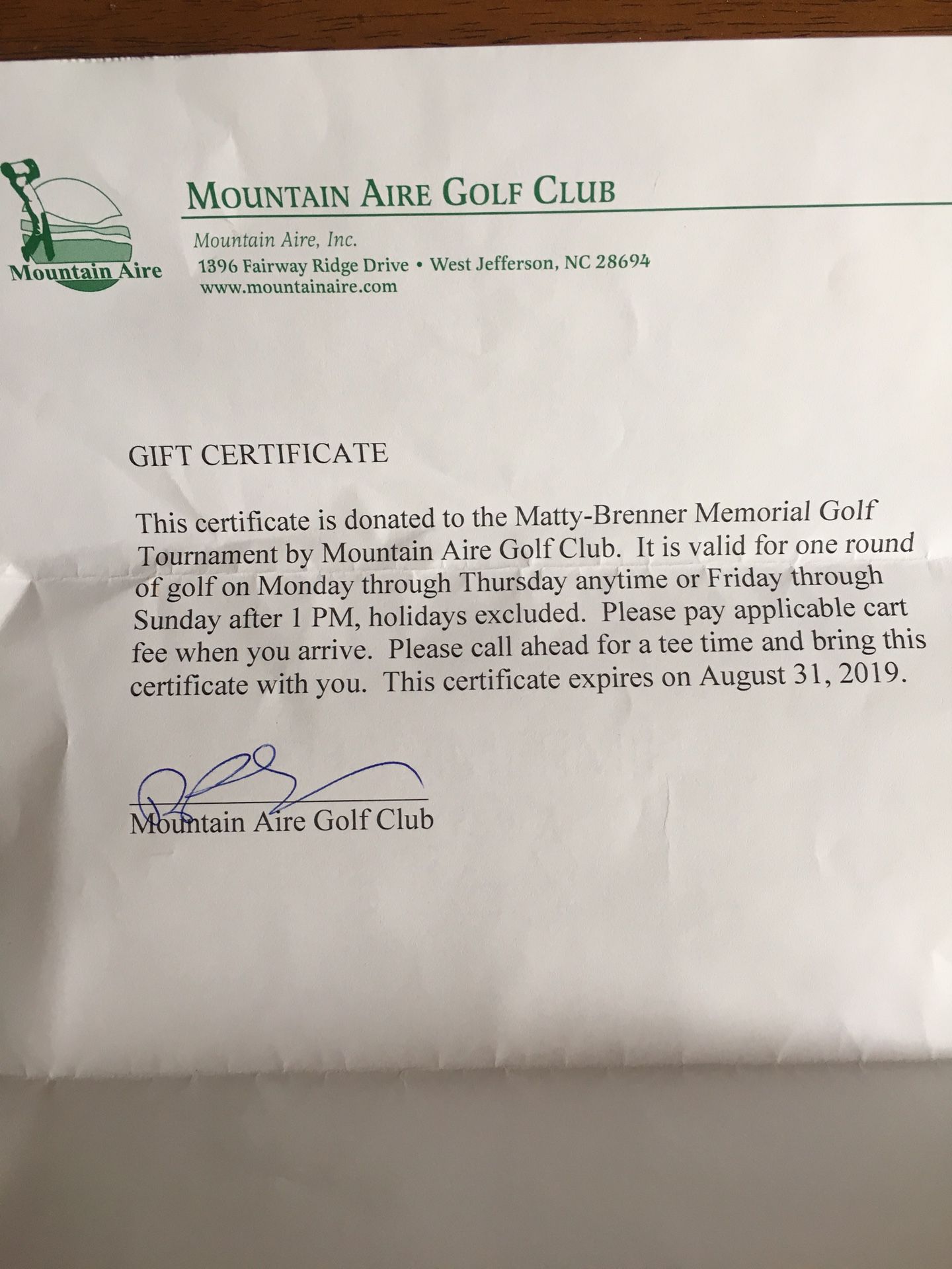 Free round of golf at Mountain Aire Golf Club