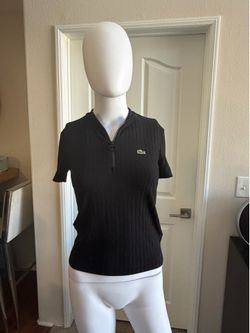 Lacoste Black Ribbed Zip Neck Short Sleeve Top