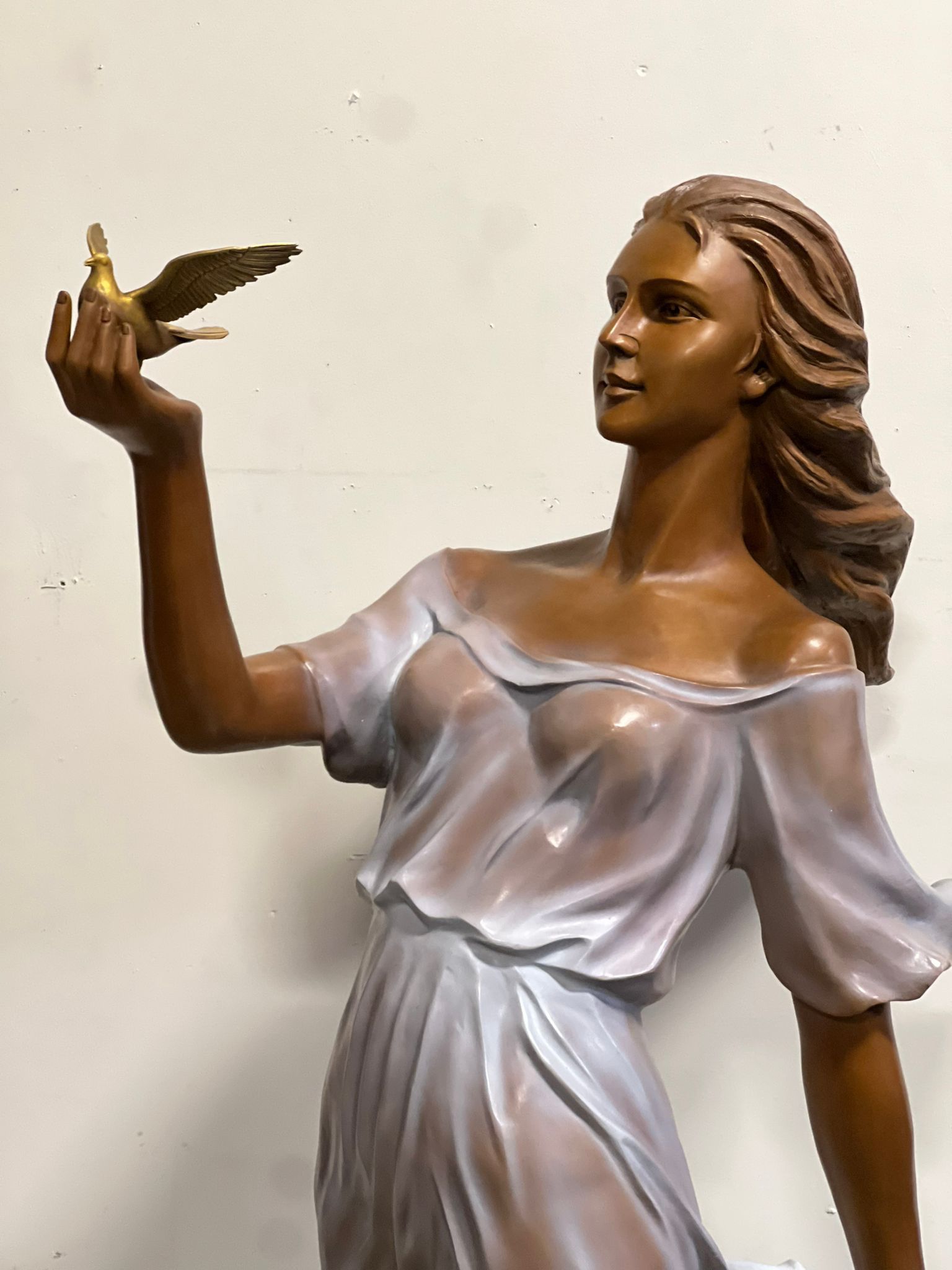 Life Size Lady With Bird Bronze Sculptures 