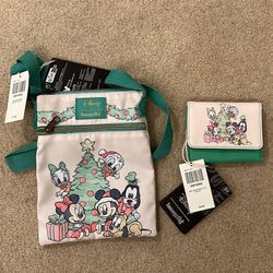 NEW Loungefly HolidayMickey And Friends Flap Wallet And Passport Crossbody Bag, The Sensational Six Disney Holiday Bag And Wallet