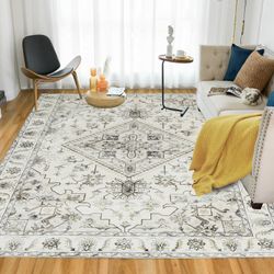 8x10 Stain Resistant Boho Vintage Style Washable Area Rug, Ivory with Gray and Neutral Shades, NEW