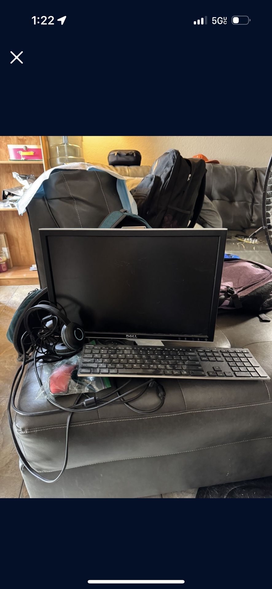 Work At Home Set Up, Monitor, Wireless Keyboard, Wireless Mouse, And Headset