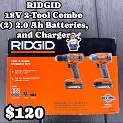 RIDGID 18V Cordless 2-Tool Combo Kit with Drill/Driver, Impact Driver, (2) 2.0 Ah Batteries, and Charger