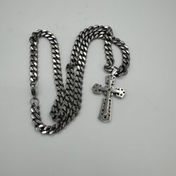 12-24" MEN Stainless Steel Silver  Cross Pendant Cuban Chain Necklace