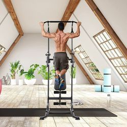 Adjustable height, pull-up and dip station with bench.