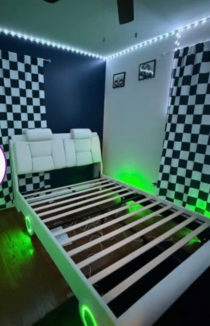 Kids Full Bed White Bed Frame With LED Lights