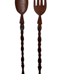 1970s Boho Chic Tiki Hand Carved Wooden Fork & Spoon 24” Luau Vintage Decor  Add some island vibes to your collection with this hand-carved wooden for
