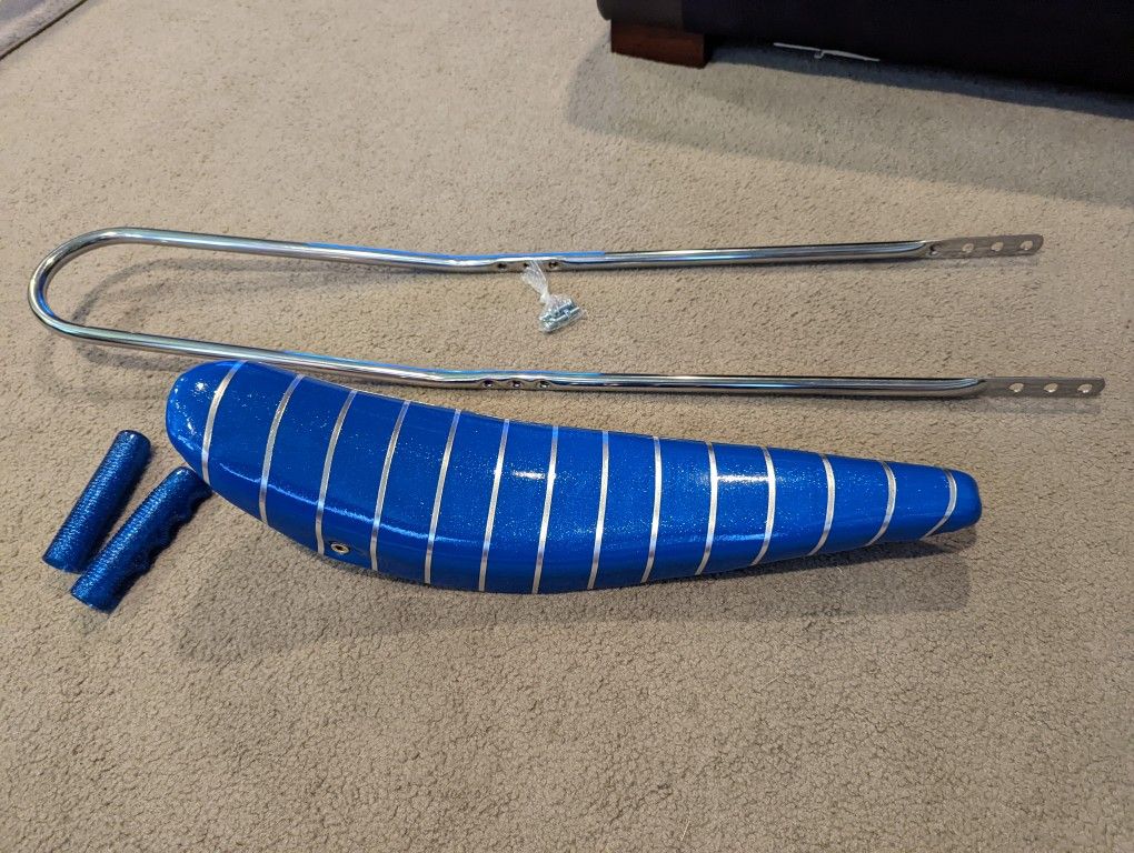 New Blue Lined Sparkle Banana Seat, 36-in Sissy Bar And Grips For 26-inch Beach Cruiser Bicycles