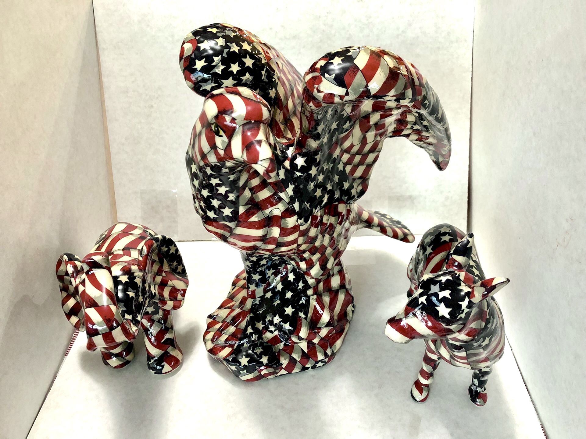 La Vie American Flag Patchwork Elephant, Donkey & Eagle Ceramic Figurines