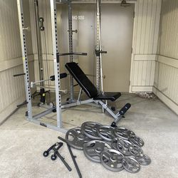 Power Rack With Weight Bench And Barbell Weights