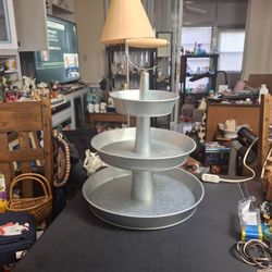 3 Tiered Galvanized Metal Serving Display Stand With Wooden Handle 20" Tall 15" Wide Bottom Shelf