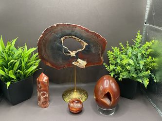 Carnelian Slab 269 g 6.5” x 4” including stand, Tower 103 g 5.1 inches, Egg 366 g 4.8” x 4”, Boba 50 g