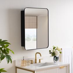 24 in. × 32 in. Black Aluminum Framed Medicine Cabinet Tempered Glass Shelves Explosion Proof Recessed or Wall Mount