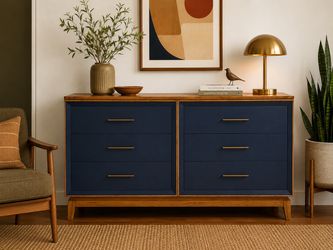 Vintage MCM Navy & Natural Wood Buffet | Sideboard | Dresser