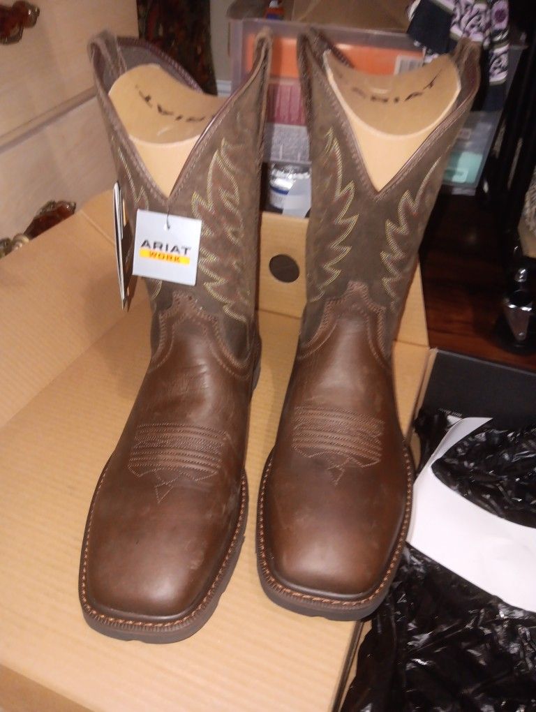 New Men's Brown Wide Square Toe ARIAT Groundbreaker Work Boot Sz 11.5 $110 Firm