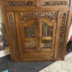 Vintage Asian Hand Carved Wood Window, Wall Mirror