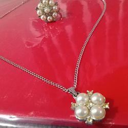 Vintage Sarah Coventry Silver Tone Pearl Rhinestone "Princess" Necklace And Ring