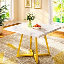 Square Dining Table, 31.5" Modern Dinner Table with Metal Base, Kitchen Table White & Gold.