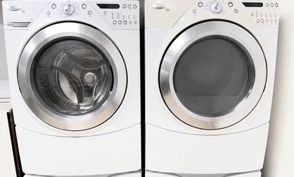 Whirlpool duet front – loading washer, and gas dryer comes with pedestals and drawers included