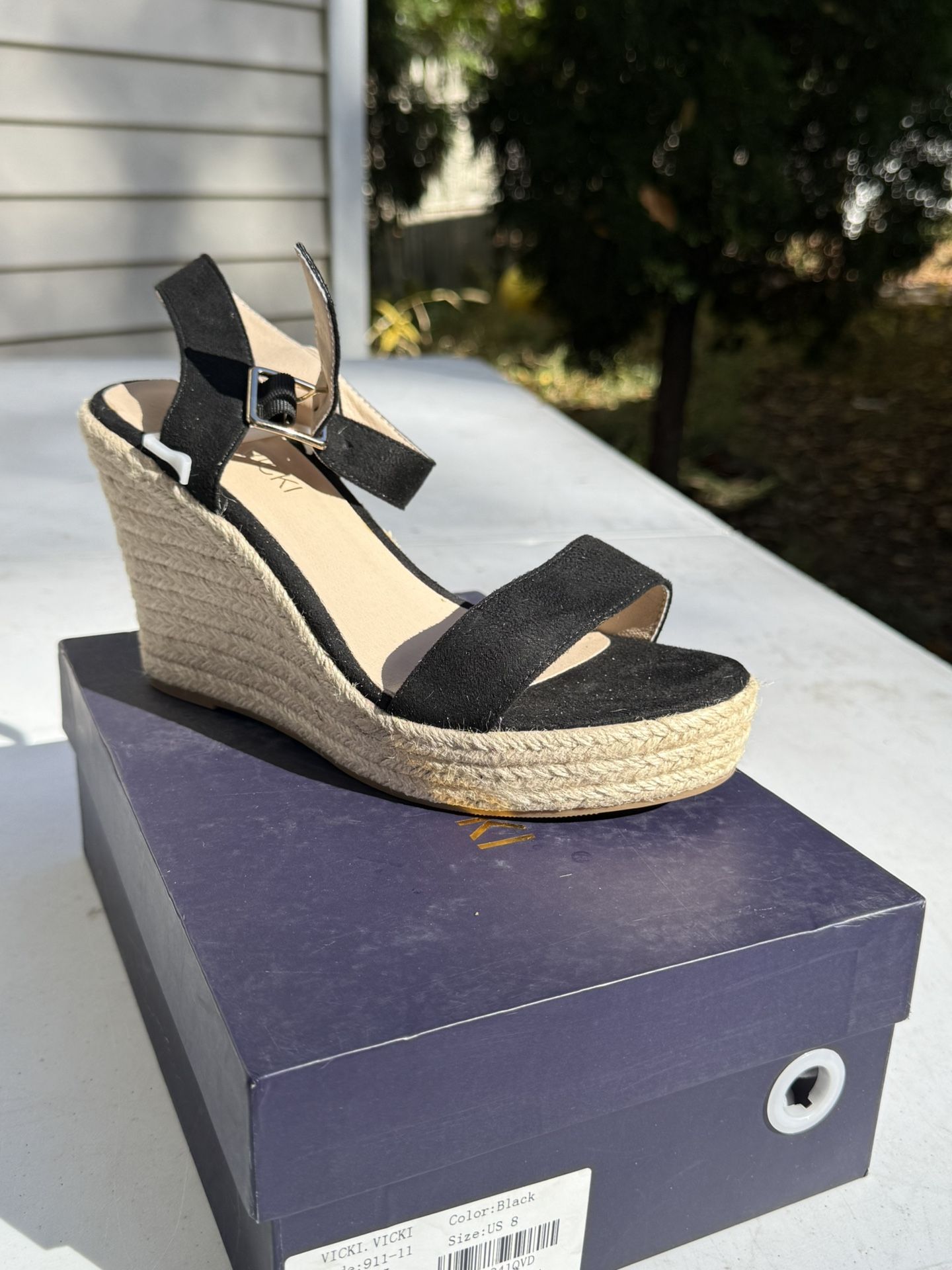 Black suede wedge sandals size 8