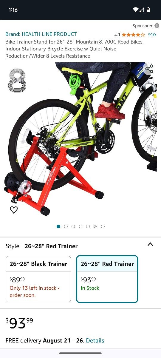 Bike Trainer Stand for 26"-28" Mountain & 700C Road Bikes, Indoor Stationary Bicycle Exercise w Quiet Noise Reduction/Wider 8 Levels Resistance