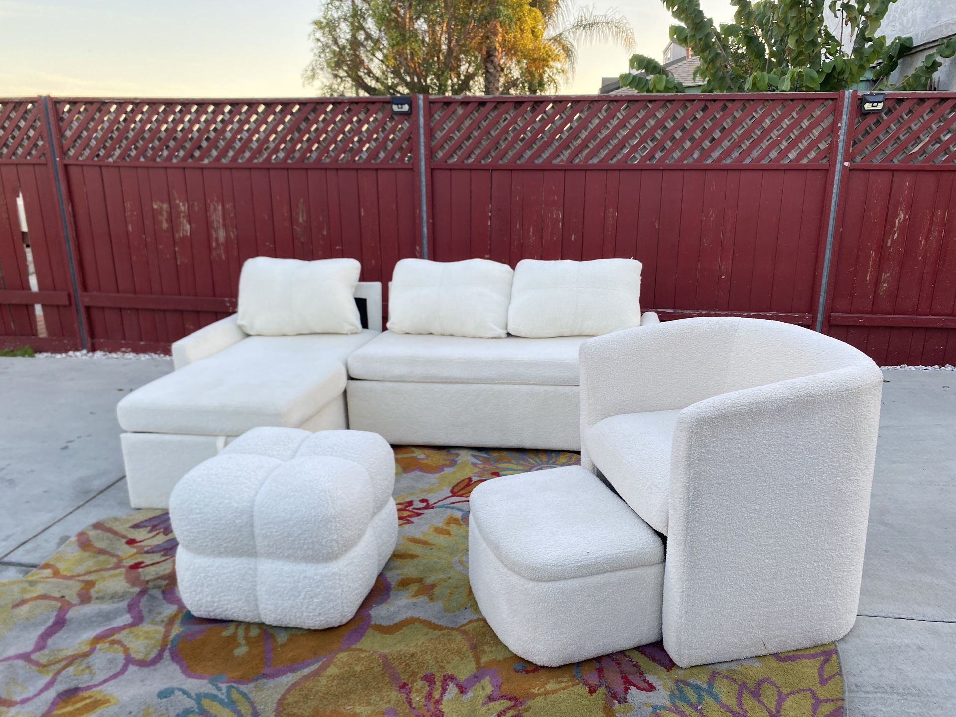 4 Piece AMERLIFE Sleeper Sofa, 2-in-1 Sofa Bed, Pull Out Sofa Couch, Boucle White Set