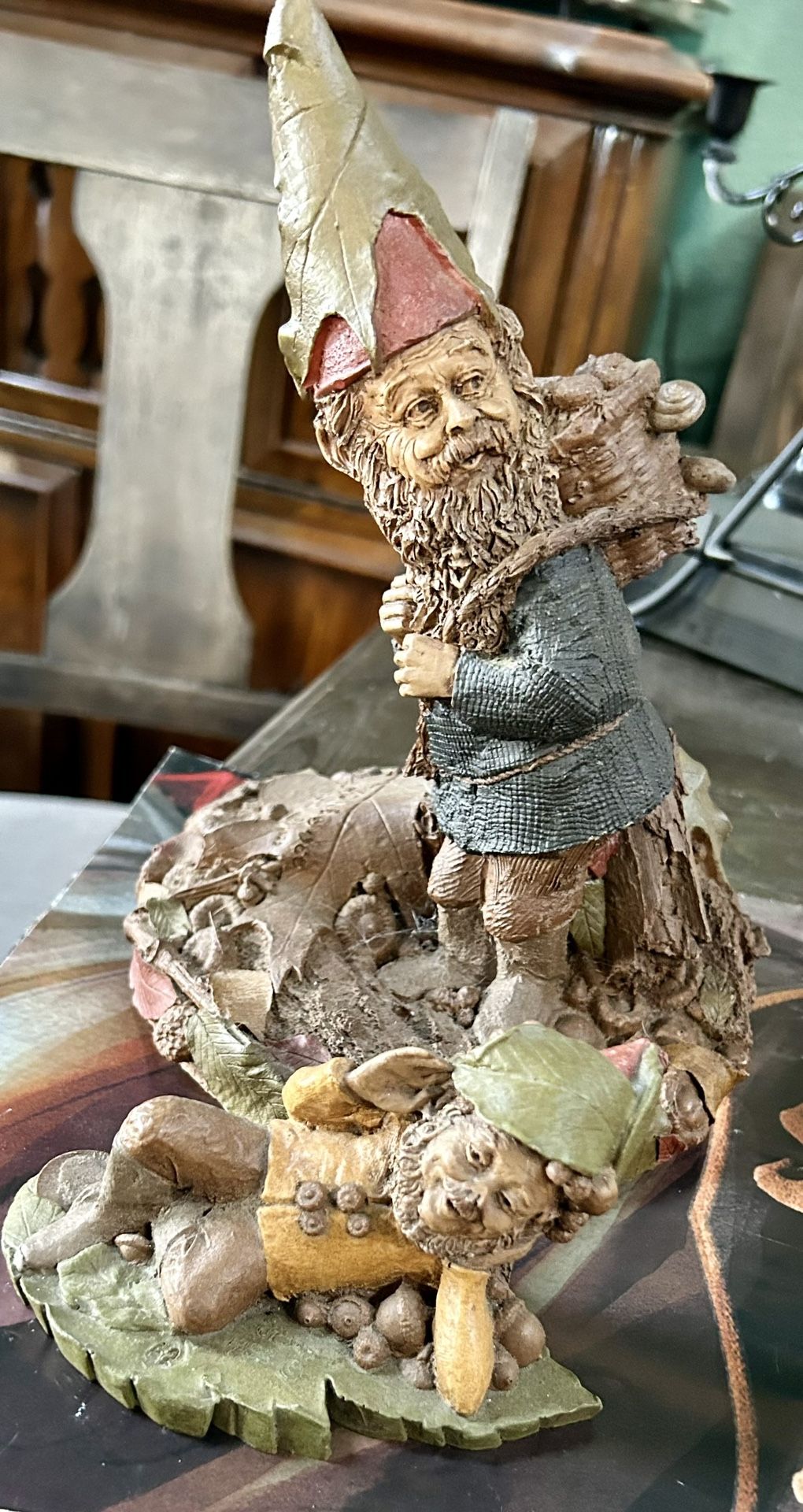 Signed Thomas Clark Pecan Resin Gnome Figurines Blackie and Anaheim