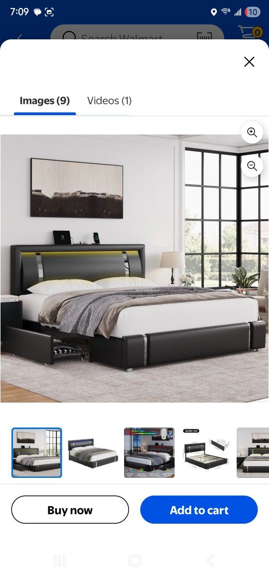 Homfa Queen Size LED Bed Frame with 2 Storage Drawers, Modern Leather Upholstered Platform Bed Frame with Adjustable Headboard, Black