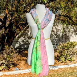 D&Y Pink&Green Shawl Wrap Long 72" x 30" Sheer 2-Tone Floral Neck Wrap Scarf EUC