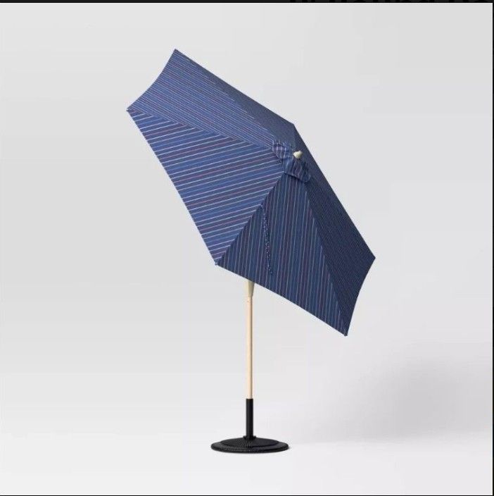 9' Round Dashed Lines Outdoor Patio Market Umbrella with Faux Wood Pole - Resistant Crank Tilt by Threshold